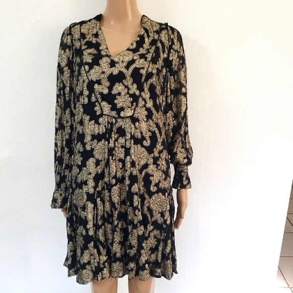 Anthropologie | Dresses | Anthroplologie Black And Gold Brocade Print Dress  | Poshmark